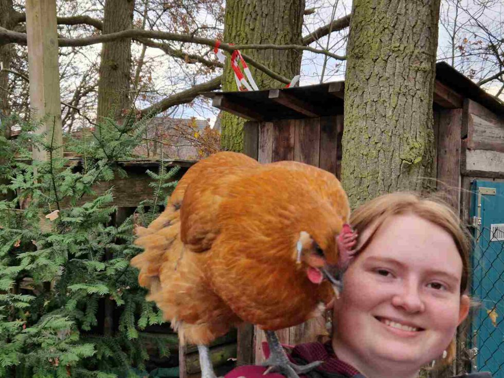 Huhn steht auf der Schulter eines LeNa-Mädchens